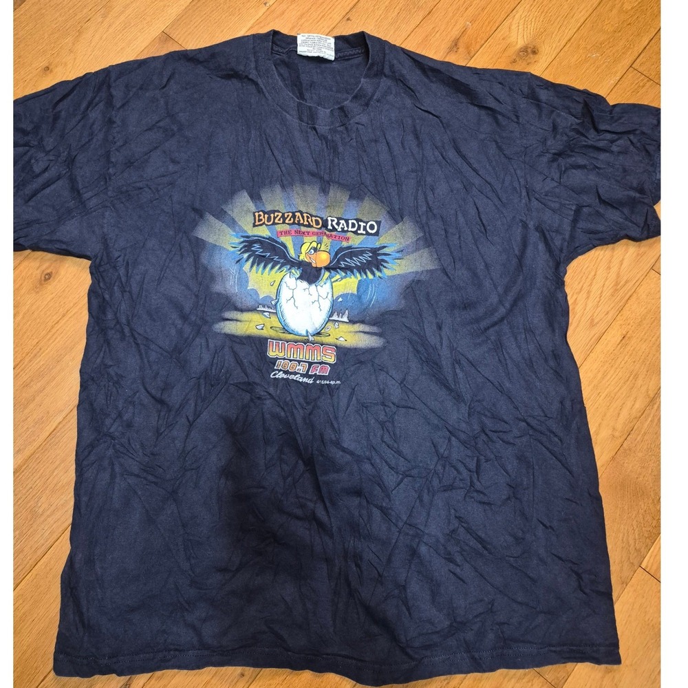 Vintage 1994 Lee WMMS 100.7 FM Cleveland Buzzard Radio T-Shirt XL Navy Blue USA - Picture 2 of 6